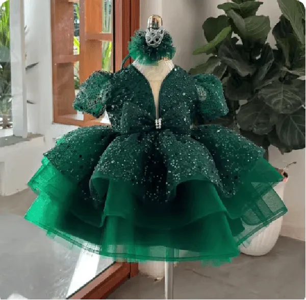 0-12 years old Christmas party puff sleeve sequin girls evening dress