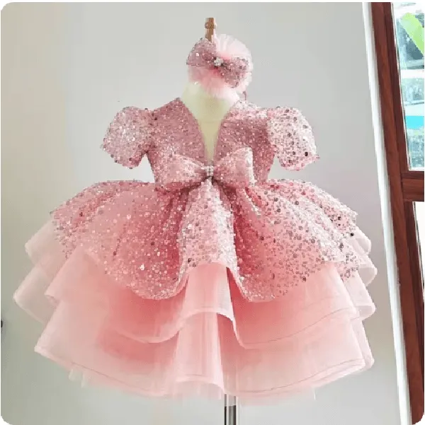 0-12 years old Christmas party puff sleeve sequin girls evening dress