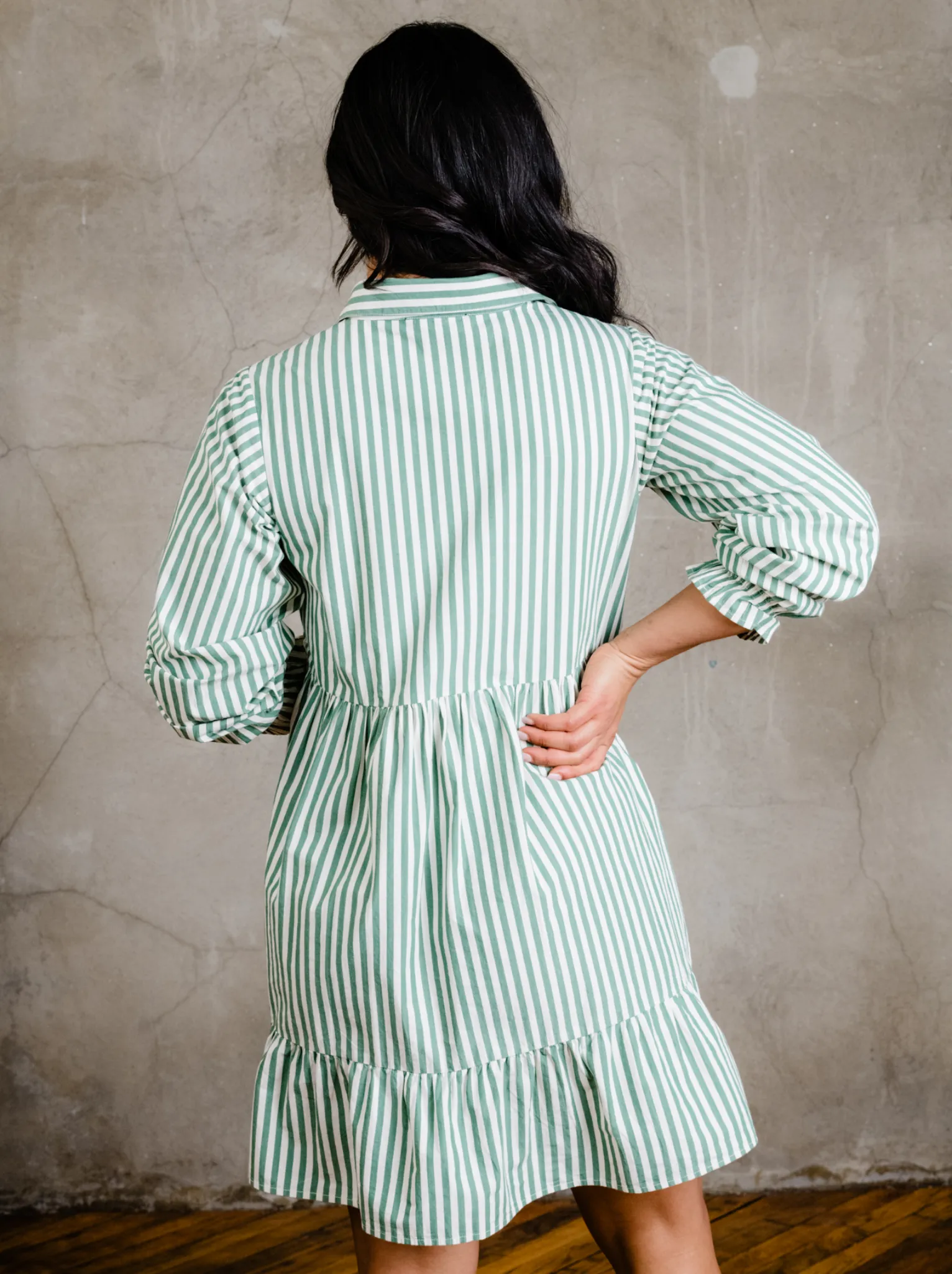 Aleesha Tiered Mini Shirtdress - Green Cabana Stripe