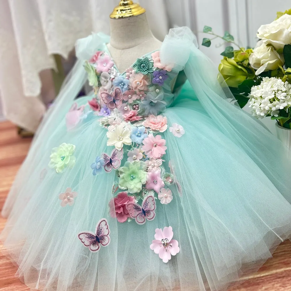 Baby dress embroidered green mesh birthday party girl princess dress