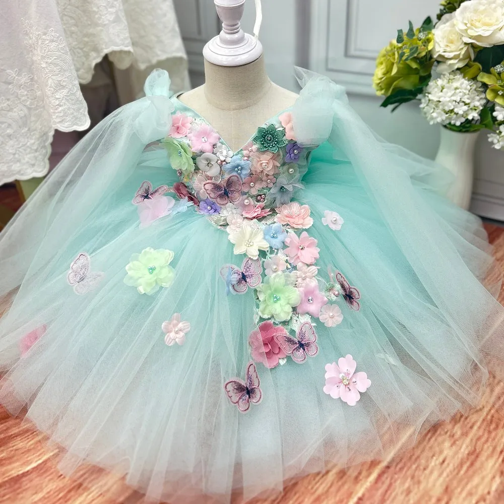 Baby dress embroidered green mesh birthday party girl princess dress