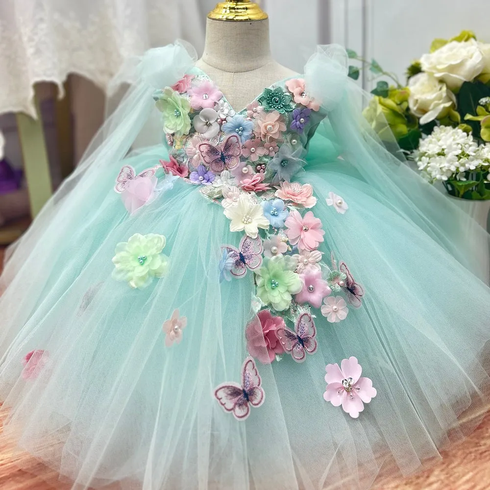 Baby dress embroidered green mesh birthday party girl princess dress