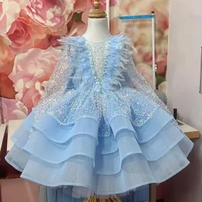 Baby Dress First Birthday Party Feather Sequin Long Sleeve Puffy Girl Princess Dress