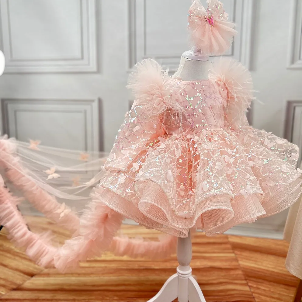 Baby first birthday party long-sleeved butterfly fluffy tail girl princess dress