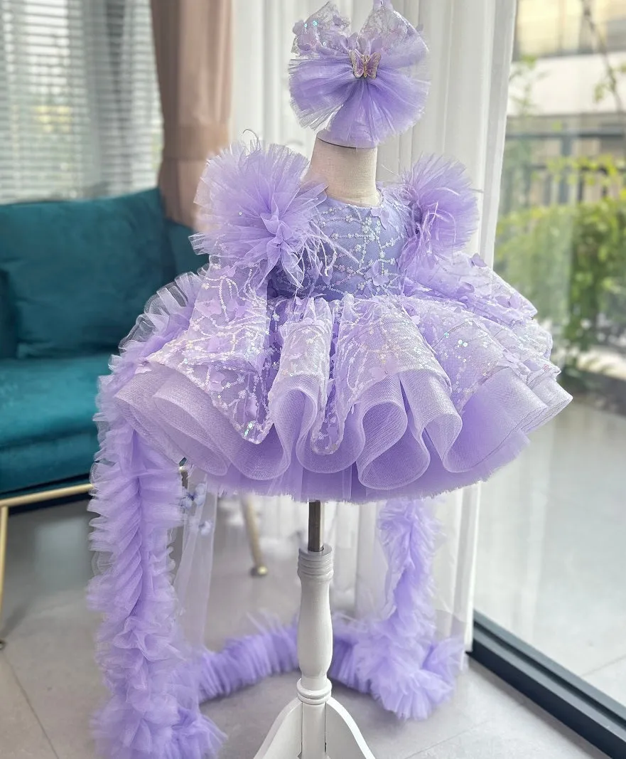 Baby first birthday party long-sleeved butterfly fluffy tail girl princess dress