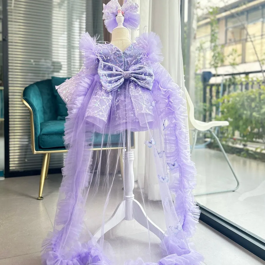 Baby first birthday party long-sleeved butterfly fluffy tail girl princess dress