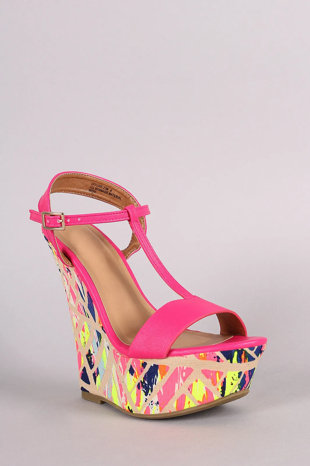 Bamboo T-Strap Watercolor Print Platform Wedge