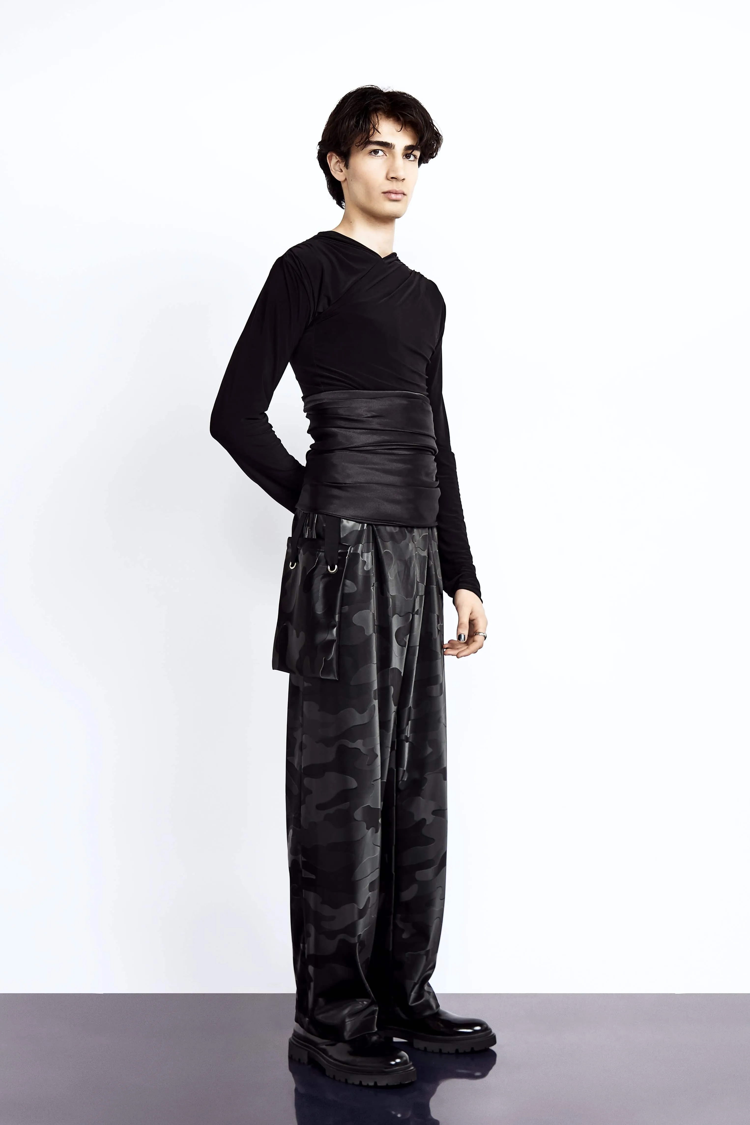 Black Camouflage Vegan Leather Trousers