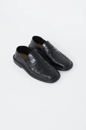 Black Embossed Leather Fold Over Loafer