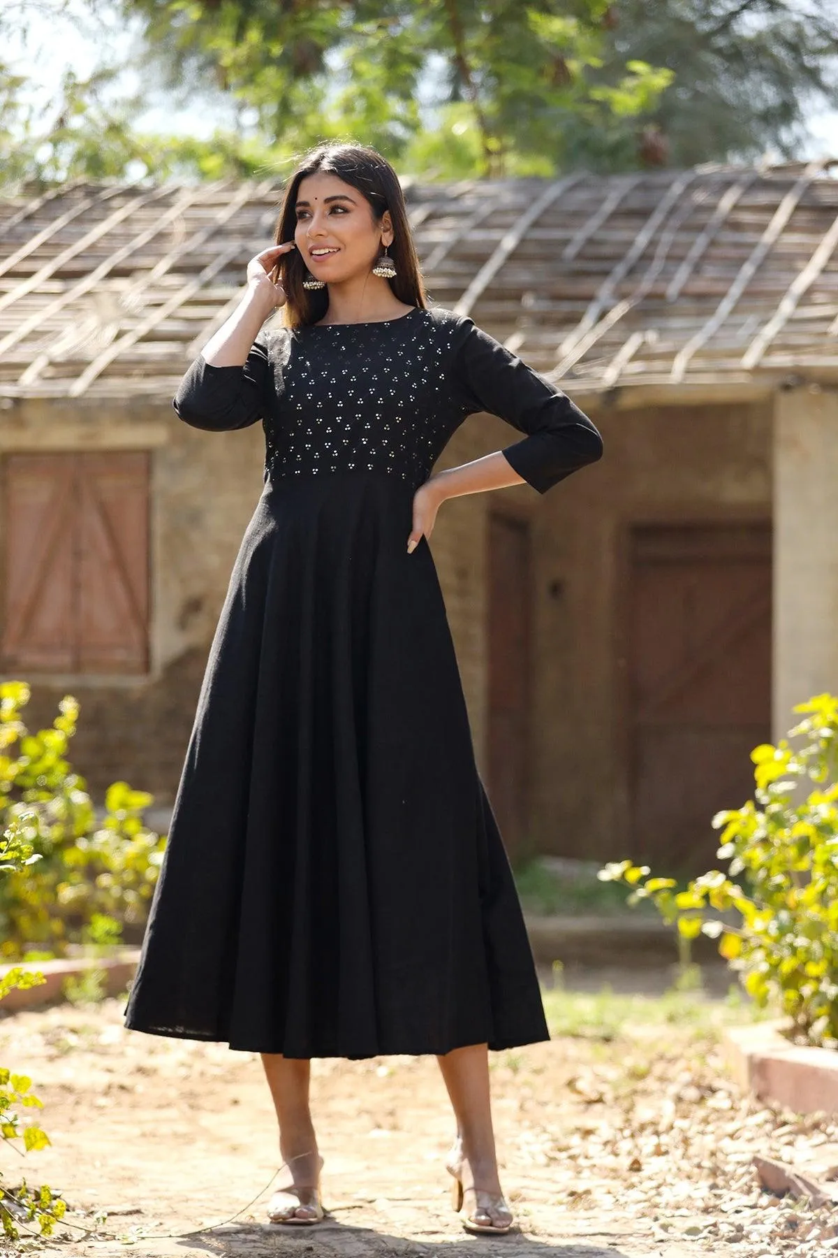 Black Sequin Cotton Anarkali Kurta