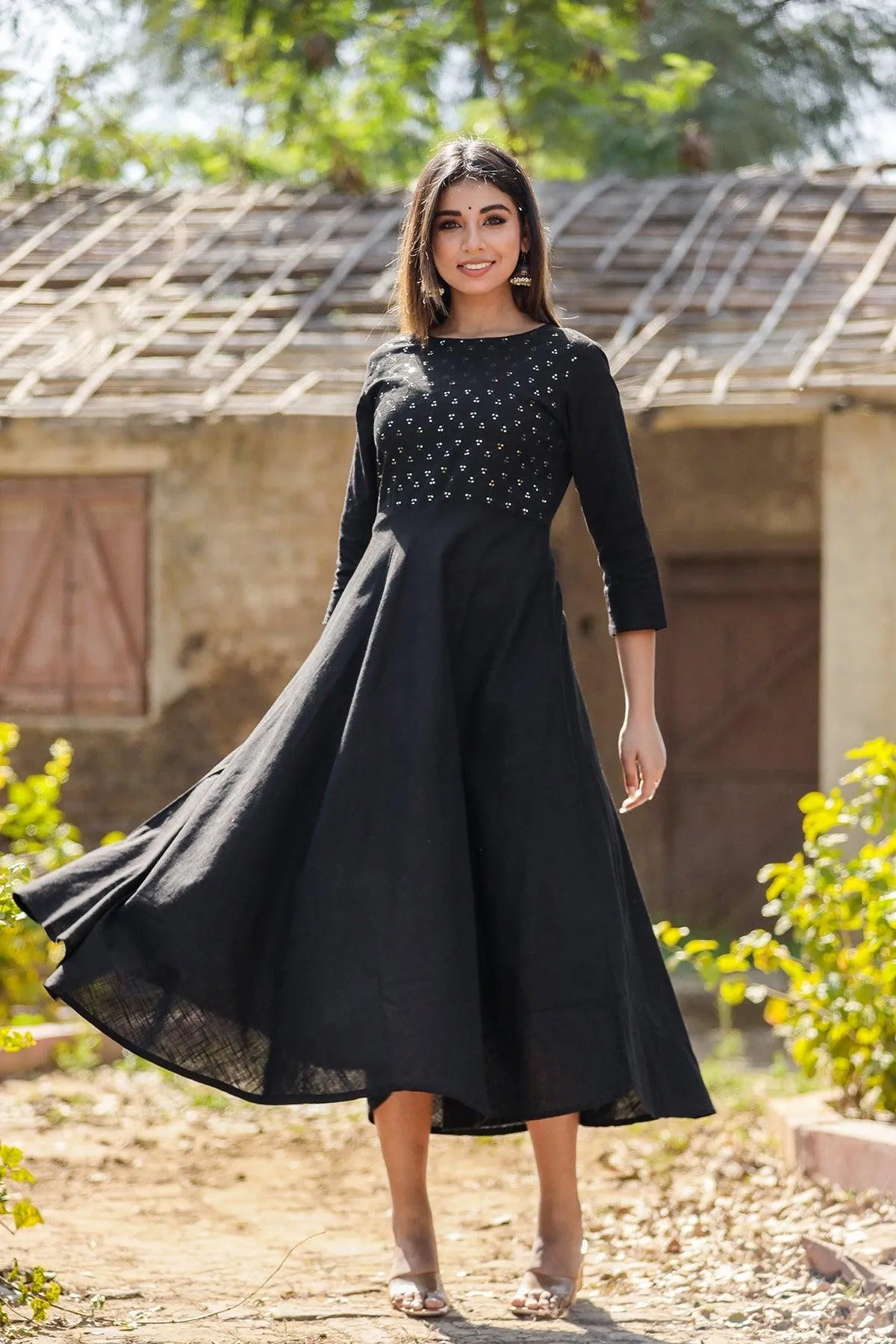 Black Sequin Cotton Anarkali Kurta