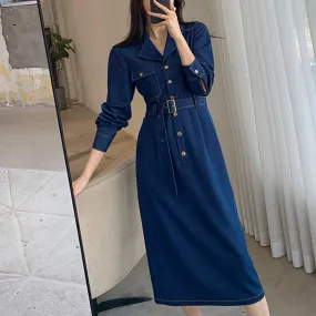 Blue Denim Belted Button Long Sleeve Dress