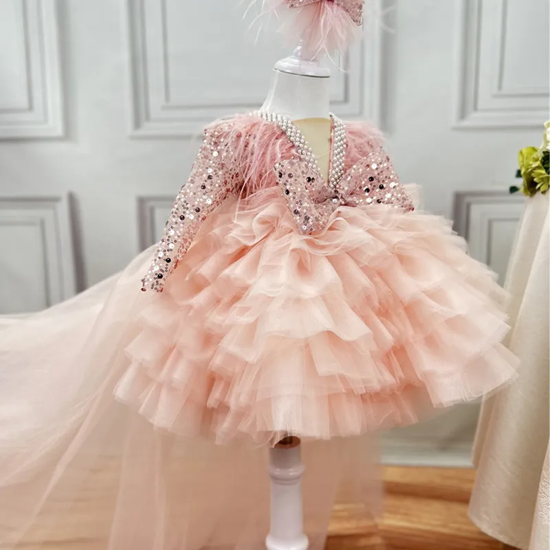 Children's Dress Sequin Feather Long Sleeve Trailing Birthday Party Girls Evening Dress