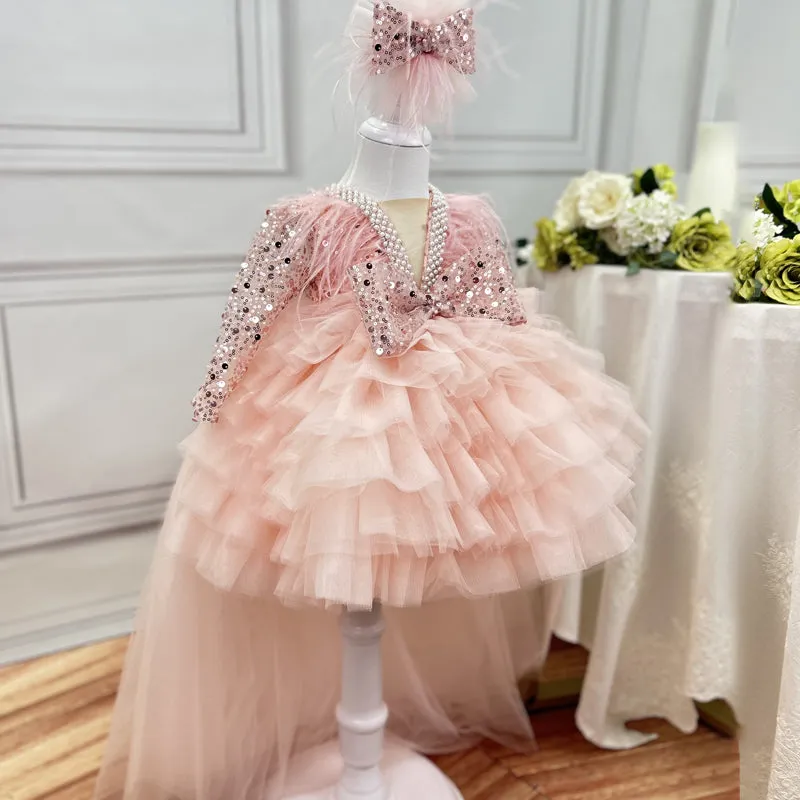 Children's Dress Sequin Feather Long Sleeve Trailing Birthday Party Girls Evening Dress