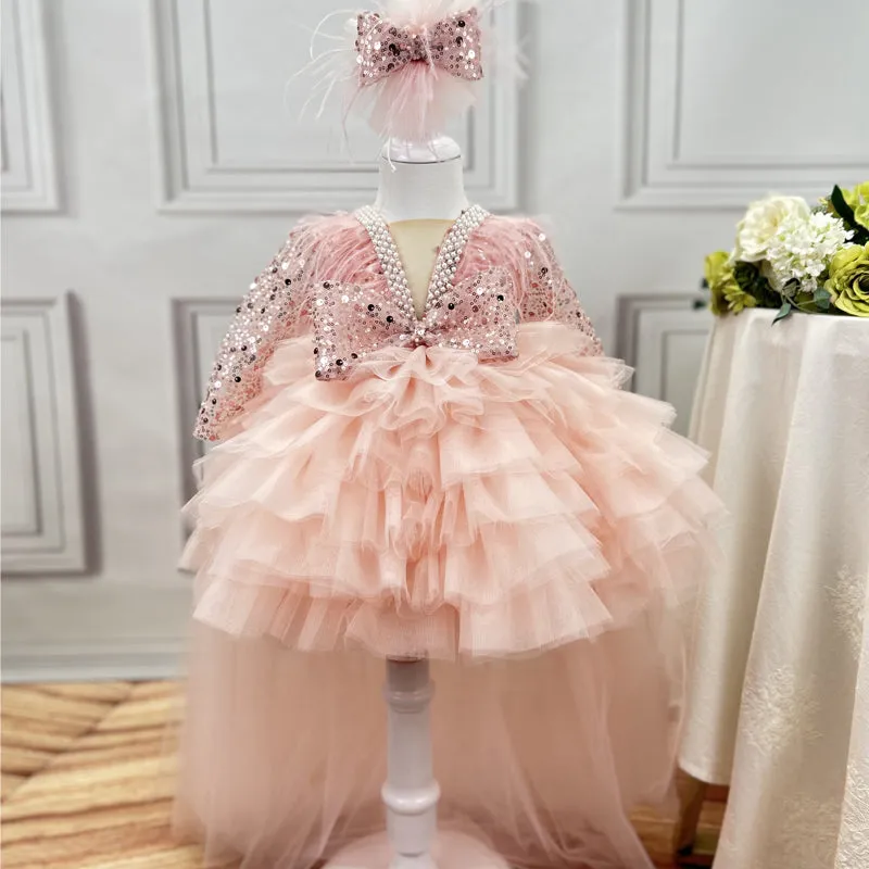 Children's Dress Sequin Feather Long Sleeve Trailing Birthday Party Girls Evening Dress