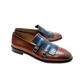 Corrente C0001901-5211 Men's Shoes Navy & Brown Calf-Skin Leather Kilt Buckles Loafers (CRT1496)