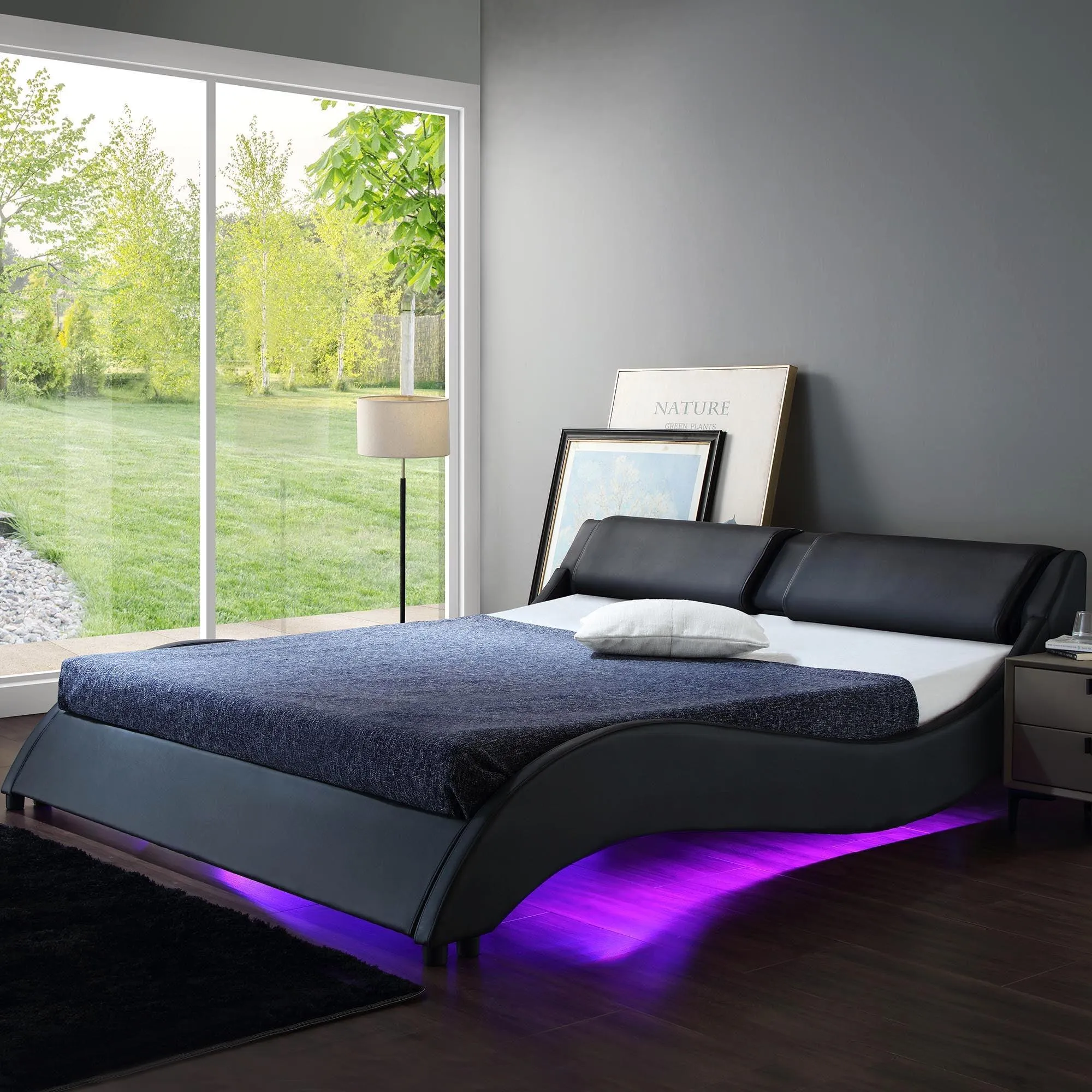 CORVUS Faux Leather Upholstered Bed Frame with Underbed LED Lights, Black