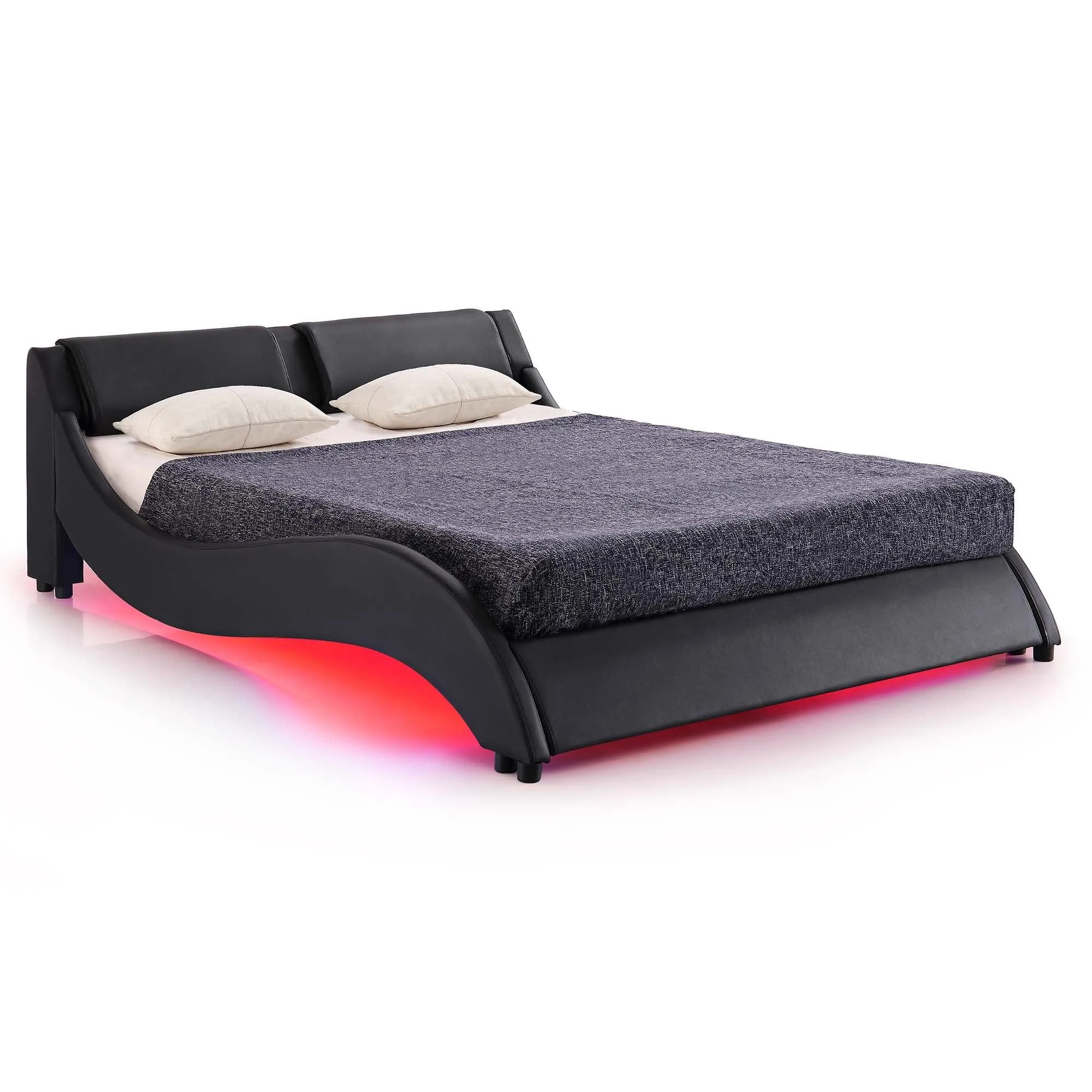 CORVUS Faux Leather Upholstered Bed Frame with Underbed LED Lights, Black