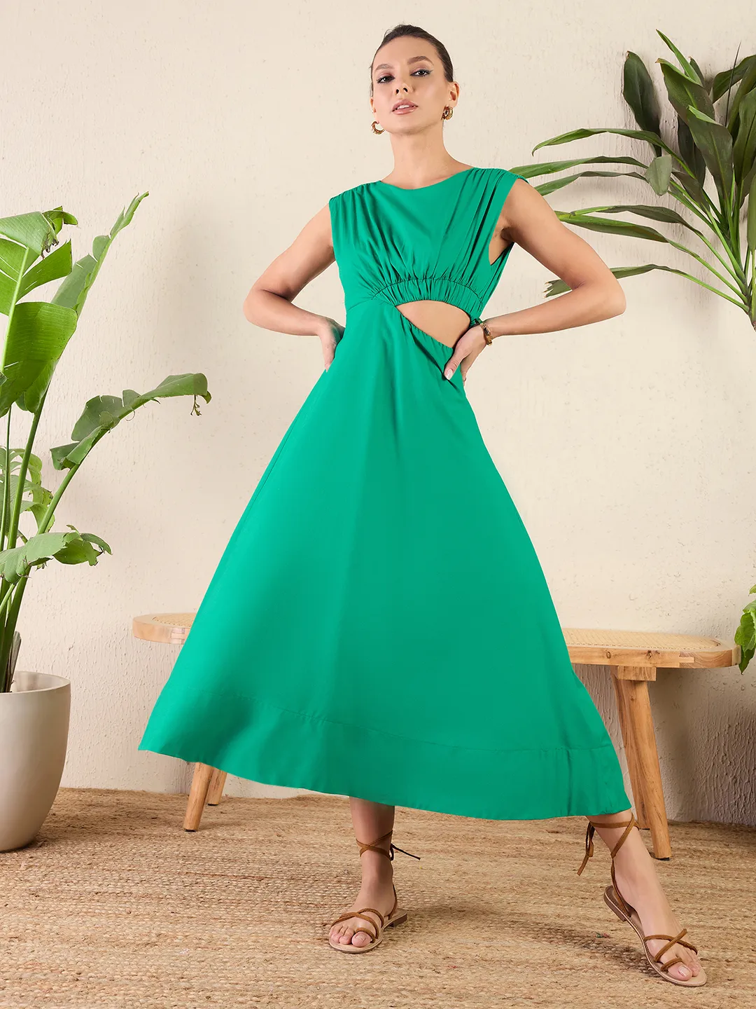 Cotton Poplin Side Cut-Out Sleeveless Midi Dress