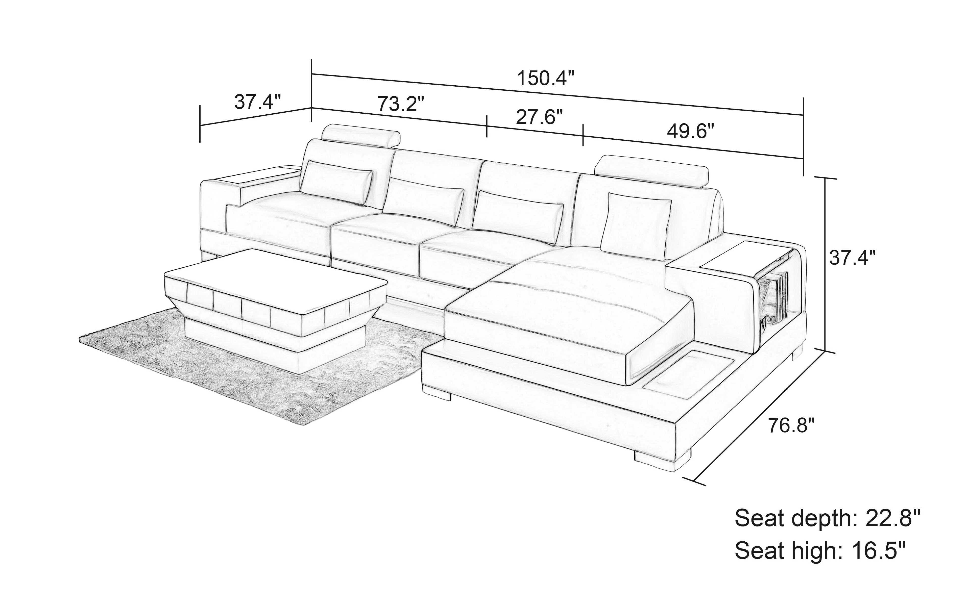 Giana Small Modern Leather Sectional with LED Light