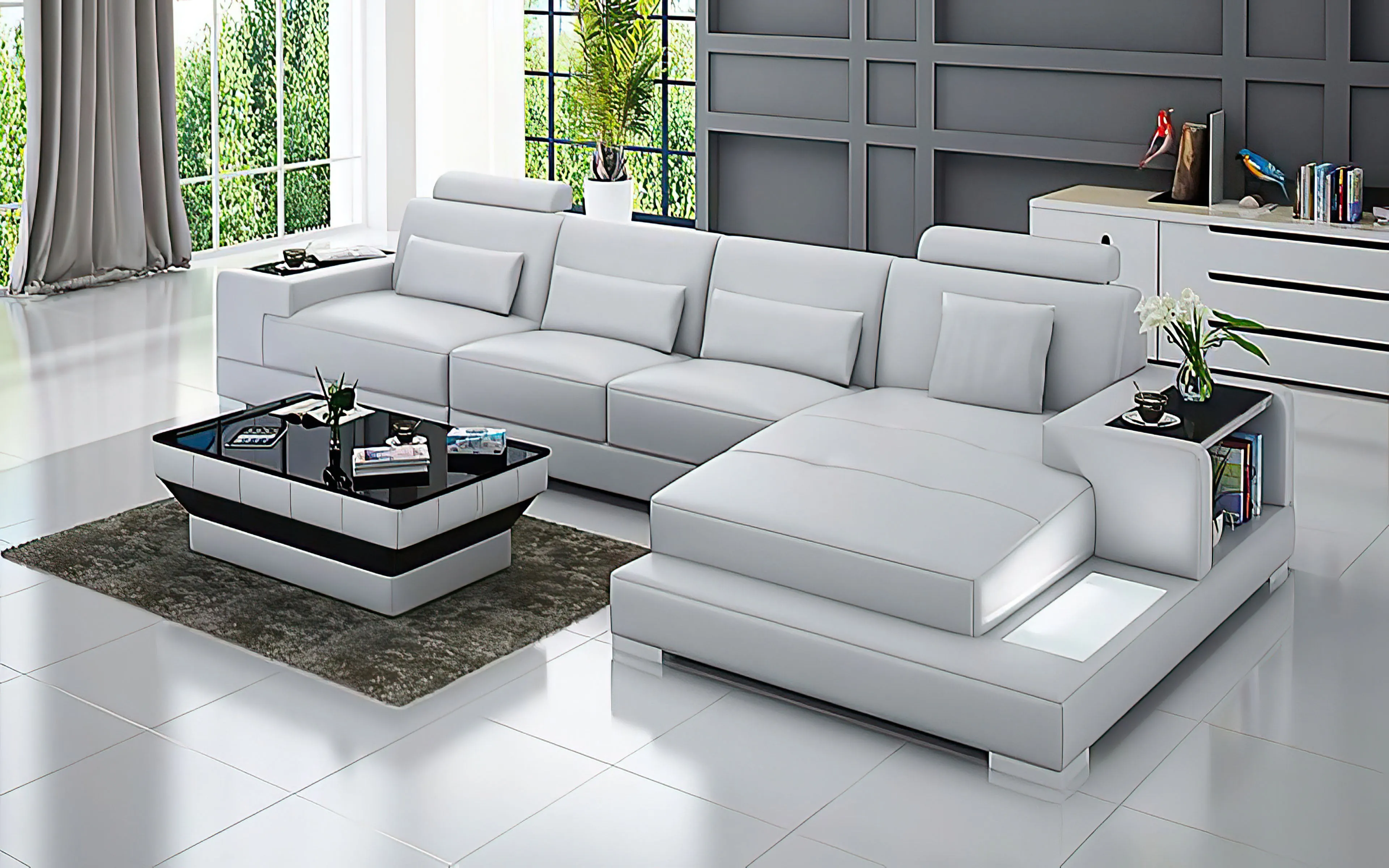 Giana Small Modern Leather Sectional with LED Light