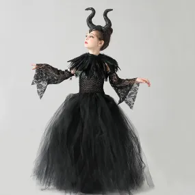 Girl Princess Dress New Halloween Cosplay Performance Costume Mesh Lace Elegant Girl Black Evening Dress Accessory Set