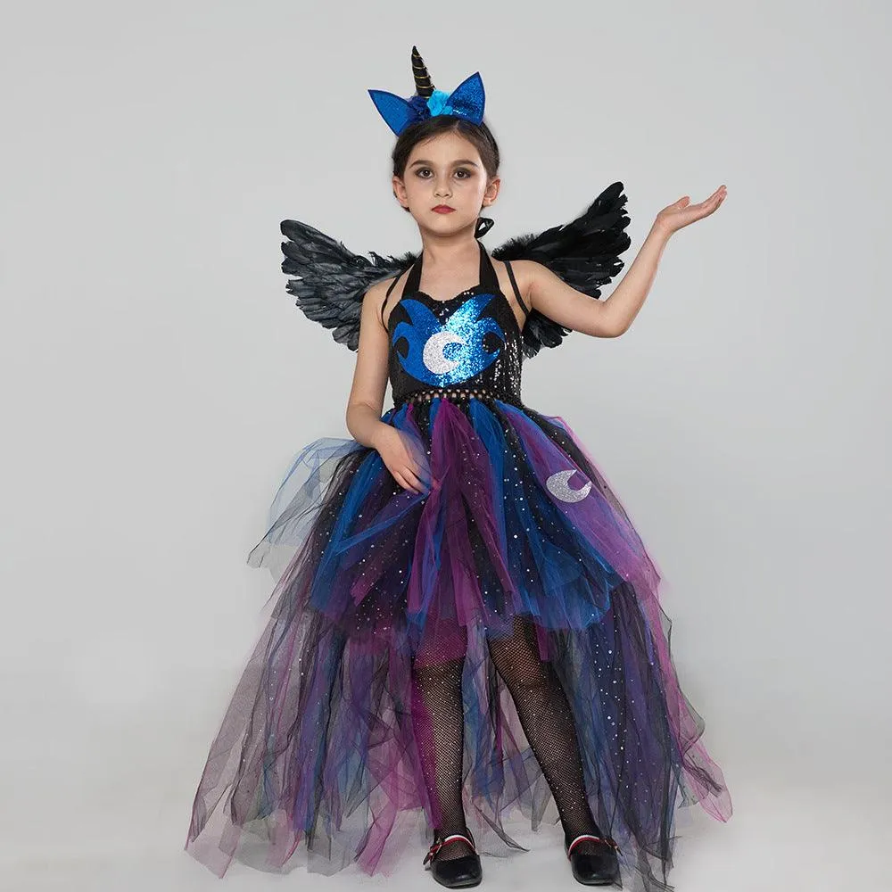 Girl princess dress unicorn blue children's Halloween party cosplay trailing mesh dress headwear wings wrist guard set