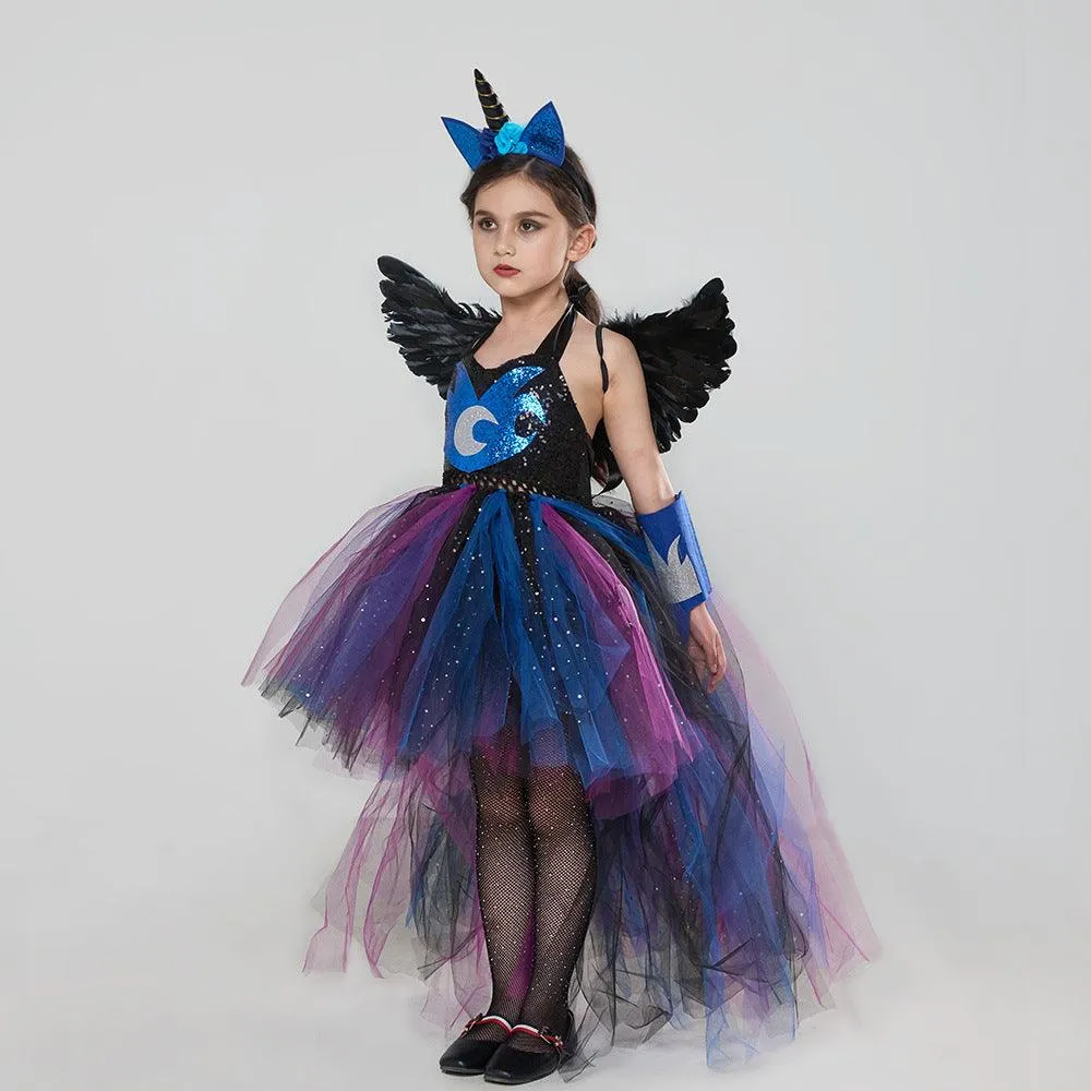 Girl princess dress unicorn blue children's Halloween party cosplay trailing mesh dress headwear wings wrist guard set