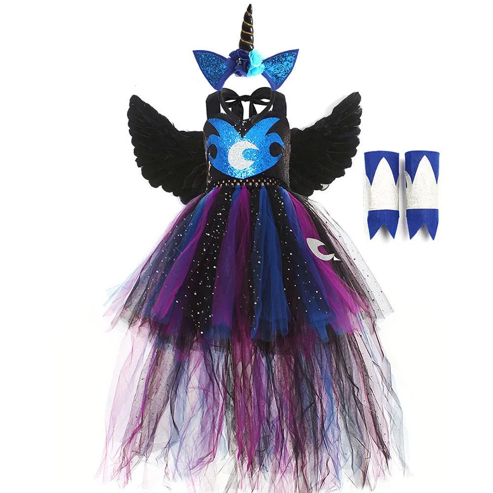 Girl princess dress unicorn blue children's Halloween party cosplay trailing mesh dress headwear wings wrist guard set