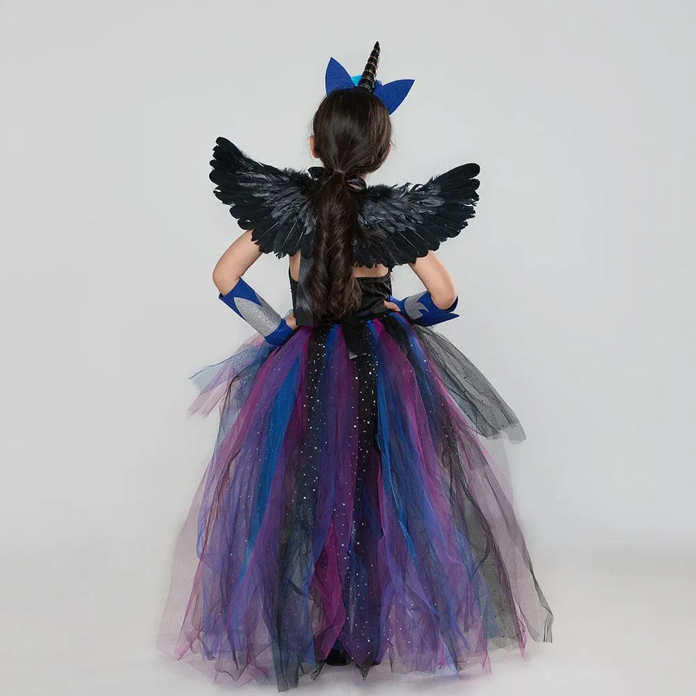 Girl princess dress unicorn blue children's Halloween party cosplay trailing mesh dress headwear wings wrist guard set