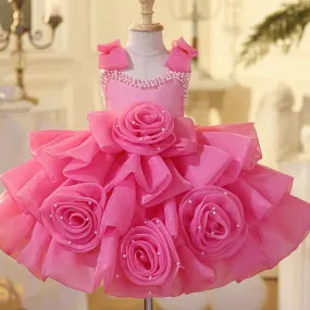 Girls Dress Pearl Rose Flower Sleeveless First Birthday Party Girls Princess Dress