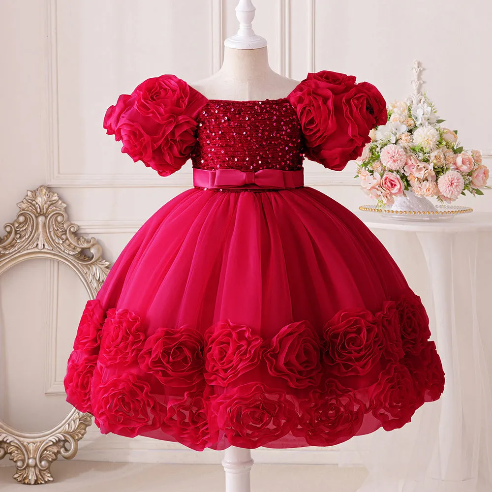 Girls Dress Puff Sleeve Mesh Rose Flower Elegant Birthday Party Dress