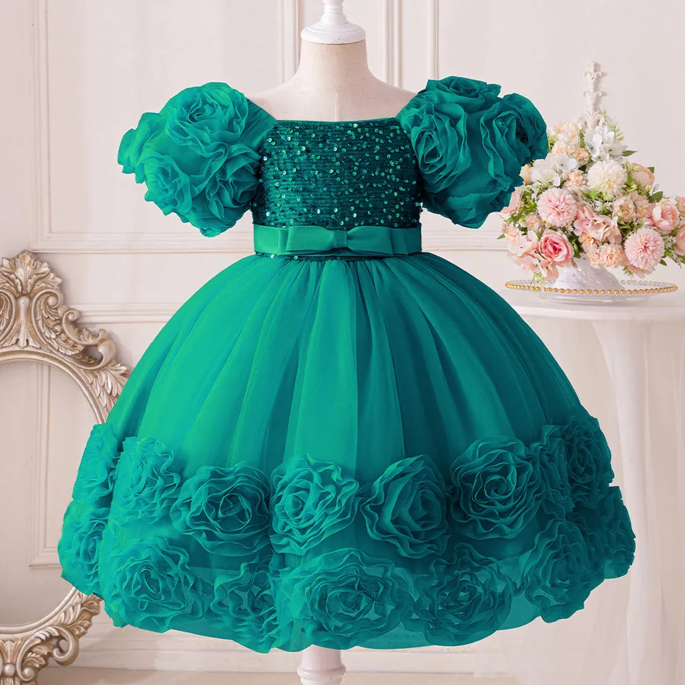 Girls Dress Puff Sleeve Mesh Rose Flower Elegant Birthday Party Dress