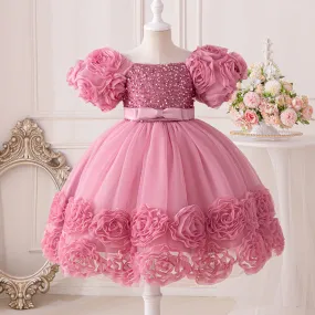 Girls Dress Puff Sleeve Mesh Rose Flower Elegant Birthday Party Dress