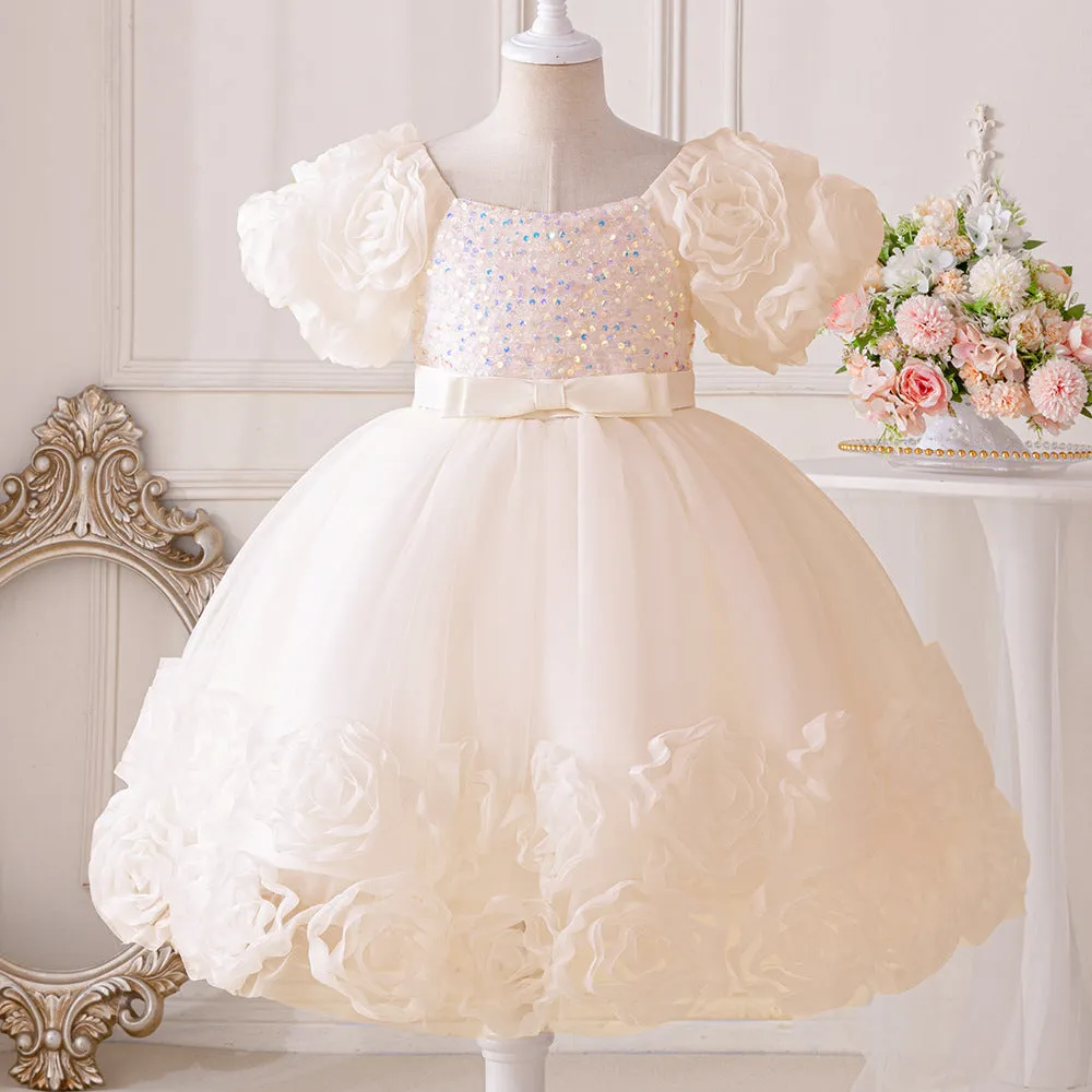 Girls Dress Puff Sleeve Mesh Rose Flower Elegant Birthday Party Dress