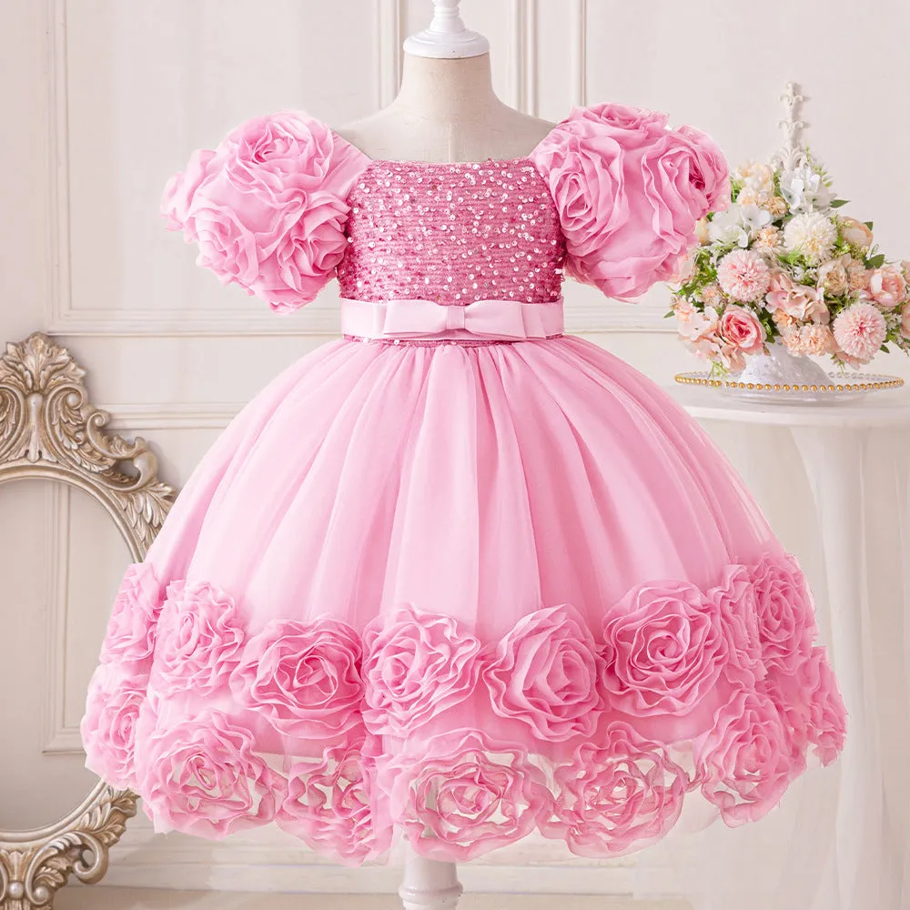 Girls Dress Puff Sleeve Mesh Rose Flower Elegant Birthday Party Dress