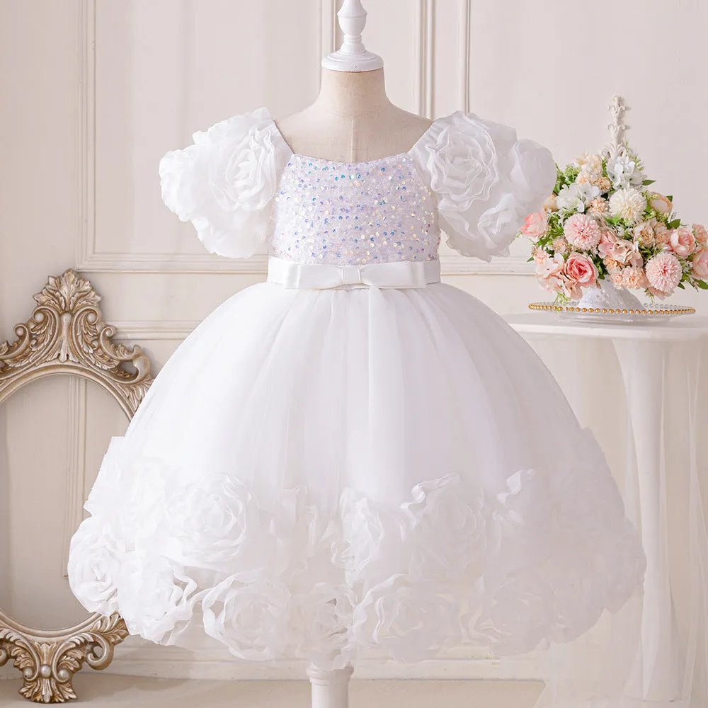 Girls Dress Puff Sleeve Mesh Rose Flower Elegant Birthday Party Dress