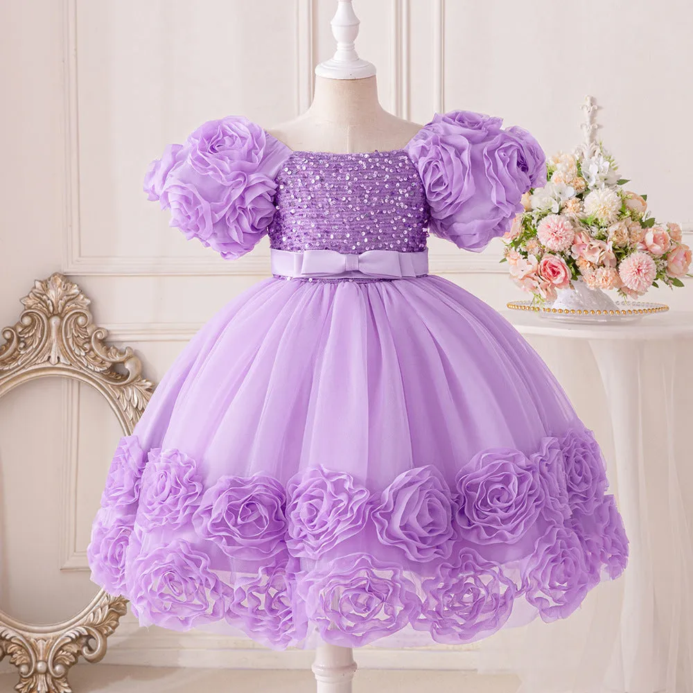 Girls Dress Puff Sleeve Mesh Rose Flower Elegant Birthday Party Dress