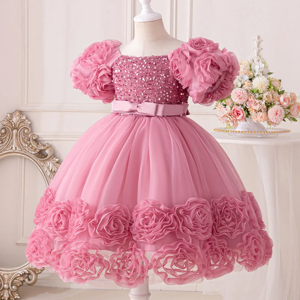 Girls Dress Puff Sleeve Mesh Rose Flower Elegant Birthday Party Dress