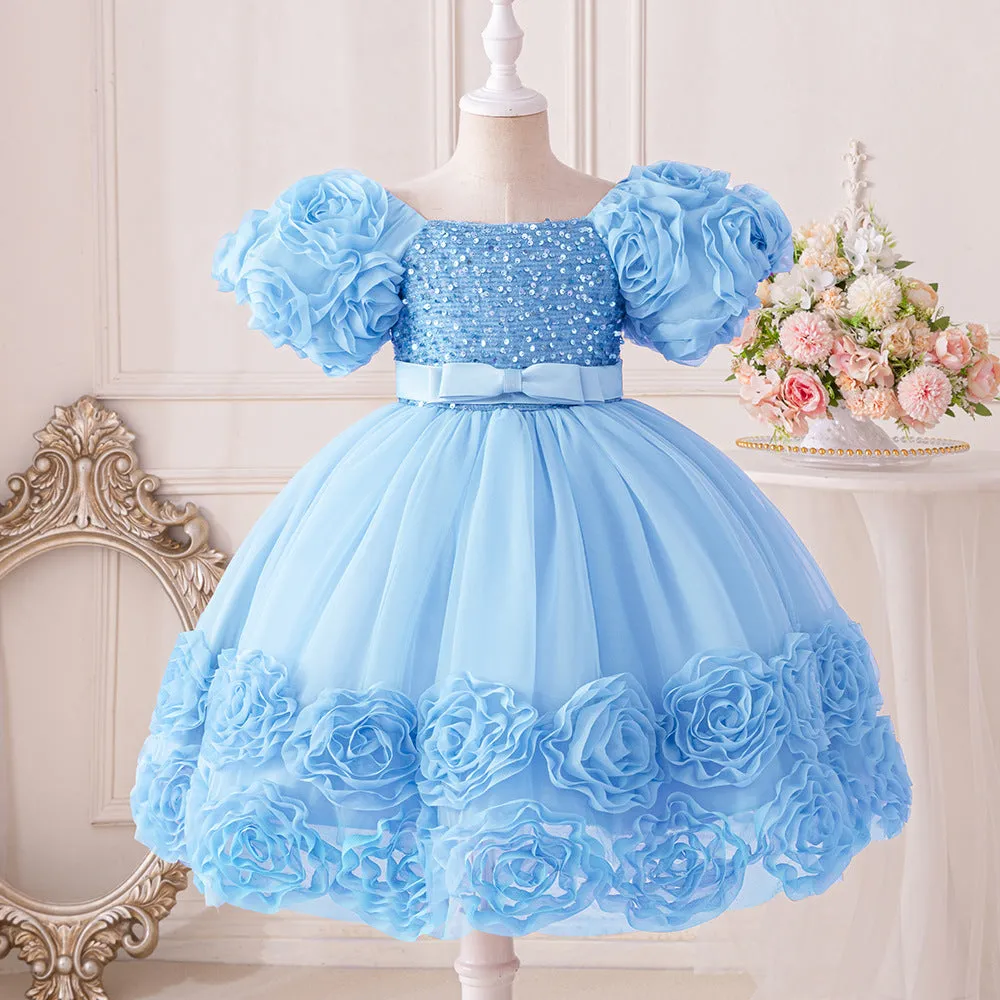 Girls Dress Puff Sleeve Mesh Rose Flower Elegant Birthday Party Dress