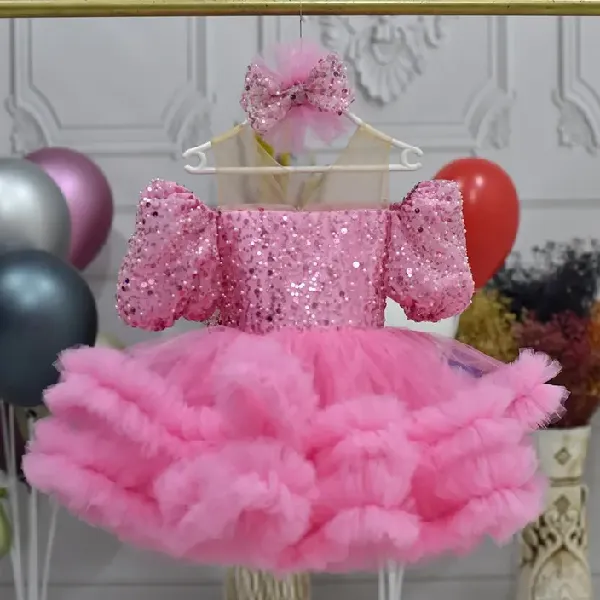 Girls Dress Sequined Off Shoulder Puff Sleeve Mesh Birthday Princess Dress