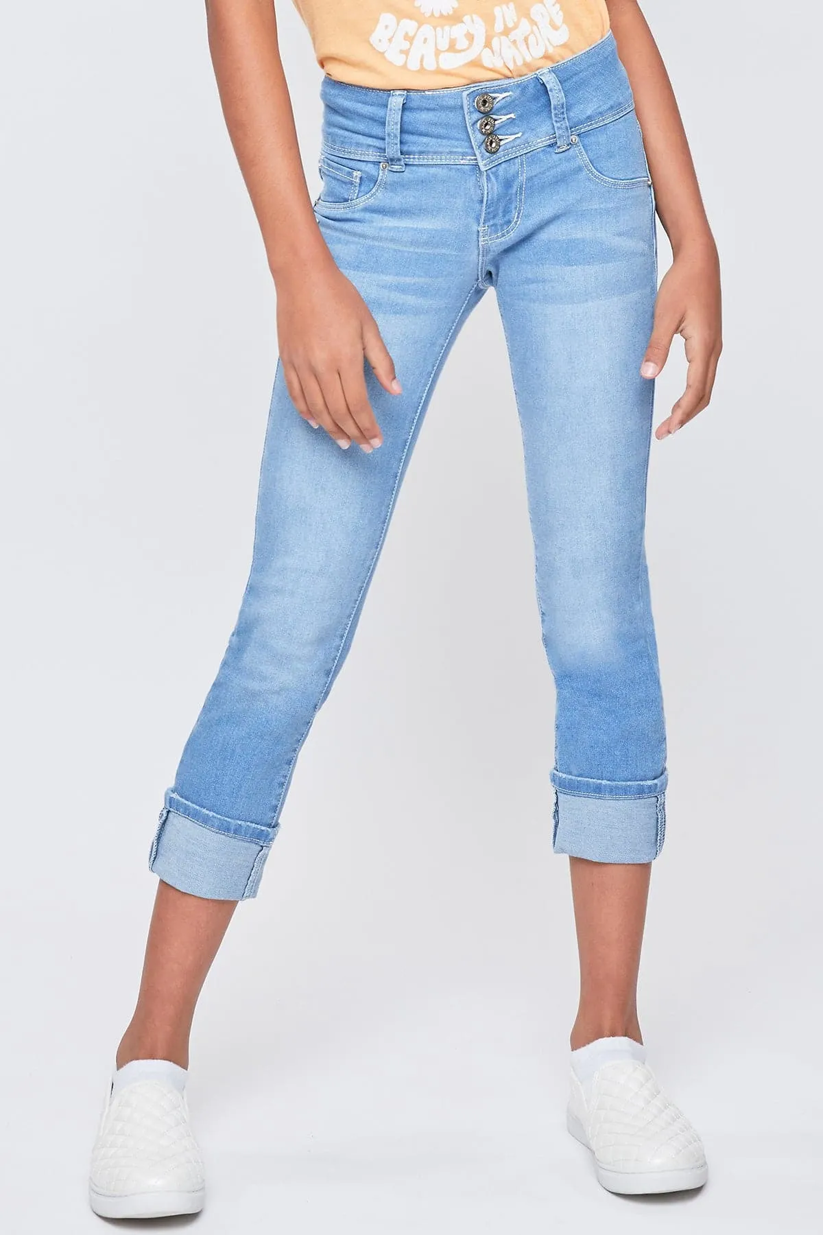 Girls Essential 3 Button Wide Cuff Skinny Jeans