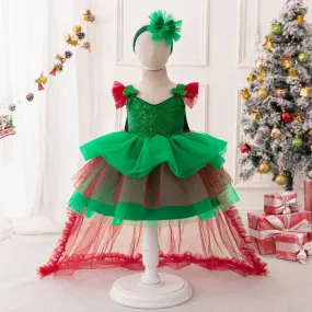 Girls sequin train princess dress Christmas birthday evening dress