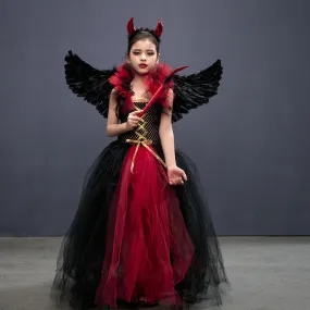 Halloween Party Cartoon Devil Cosplay Girl Princess Dress Black Mesh Strap Evening Dress Wings Headpiece 4-piece Set