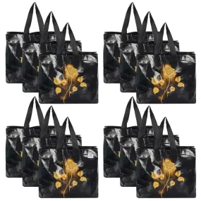 Heart Home Rose Printed Laminated Non Woven Party Favor Gift Bag, Tote Bag, Carry Bags with Handles- Pack of 12 (Black)-50HH01134