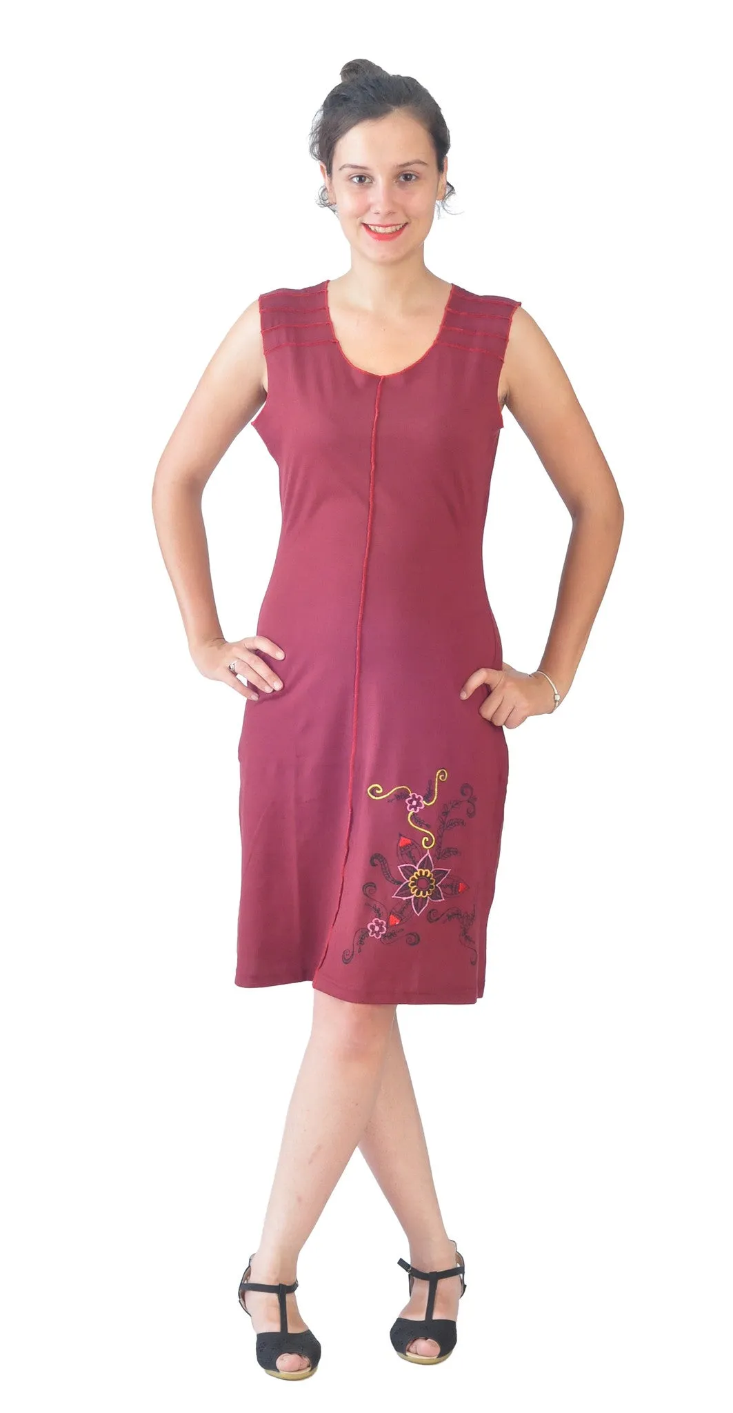 Ladies Sleeveless Cotton Dress with Flower Embroidery.