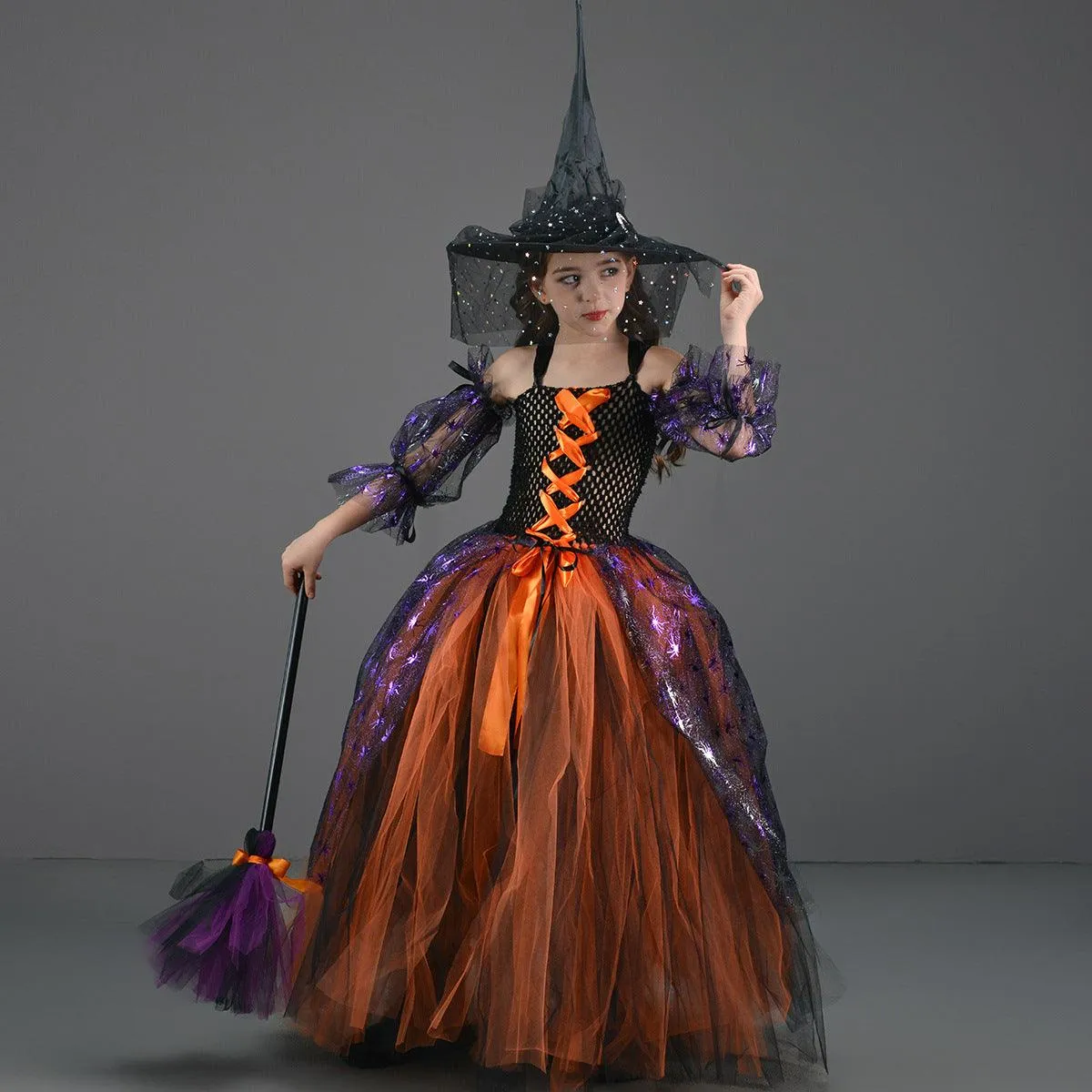 New Halloween party cosplay dress for children, scary suspender mesh stage performance girl princess dress 4-piece set