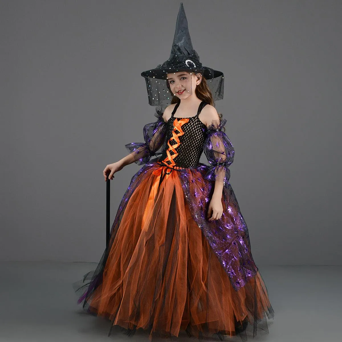 New Halloween party cosplay dress for children, scary suspender mesh stage performance girl princess dress 4-piece set