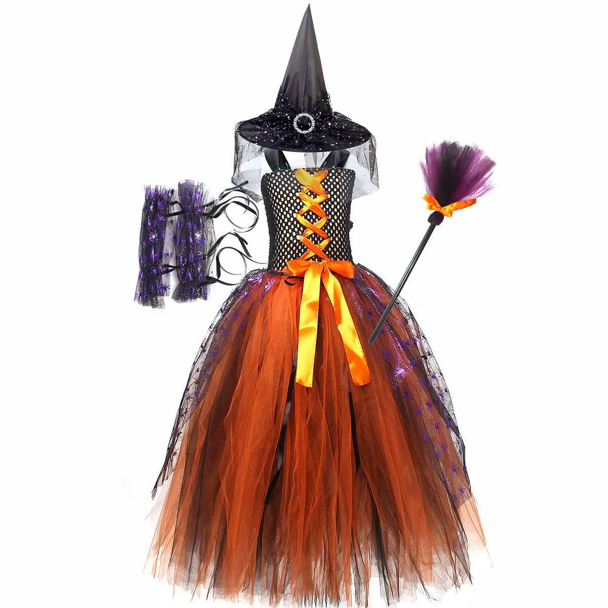 New Halloween party cosplay dress for children, scary suspender mesh stage performance girl princess dress 4-piece set