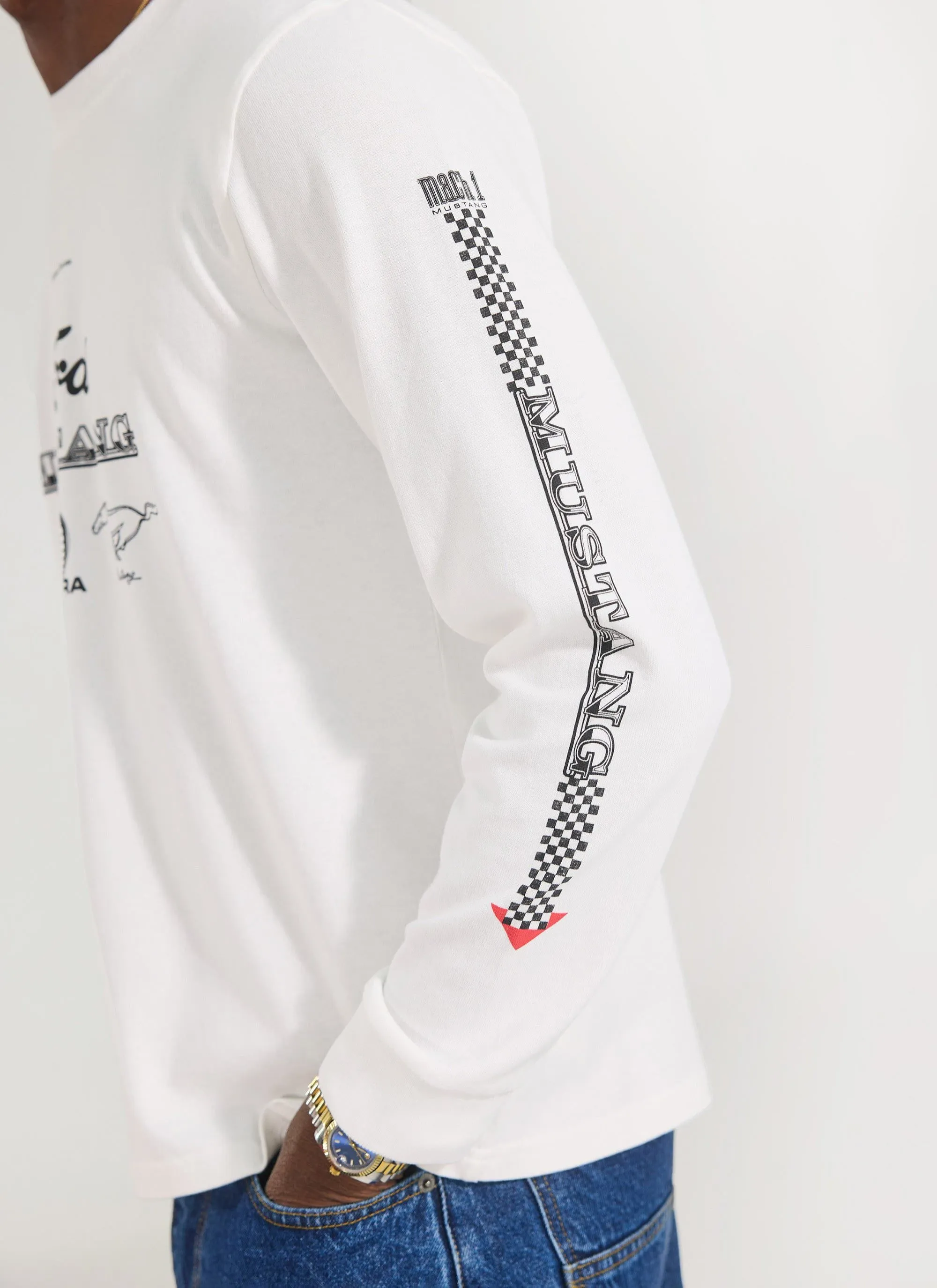 Raceway '69 Mustang Long Sleeve T Shirt | Percival x Ford | White